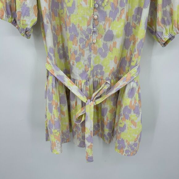 SABO Yellow Purple Orange Oversized Puff Sleeve Peplum Waist Tie Mini Dress 6 - Picture 8 of 11